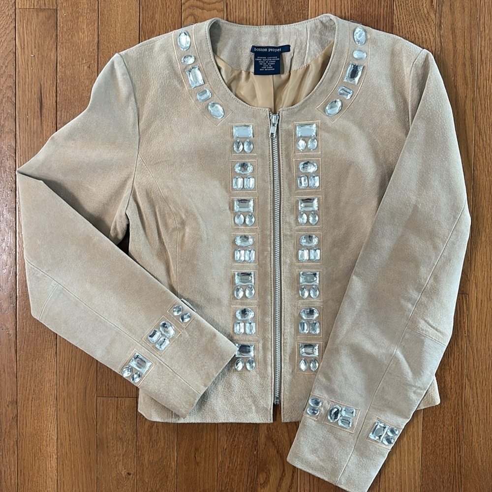 Boston Proper Rhinestone Accented Zip-Up Suede Leather Jacket Size 8 - Picture 13 of 13